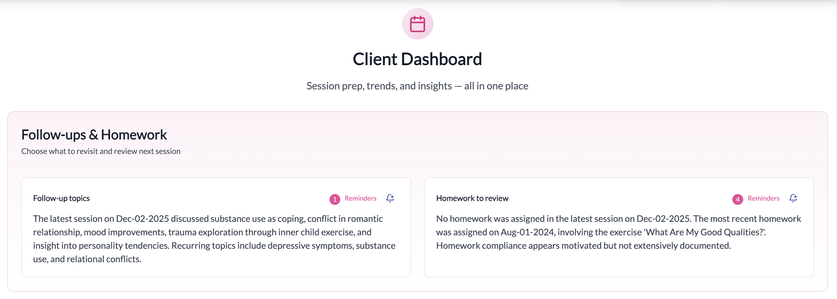 Next‑session prep view with highlights and open items