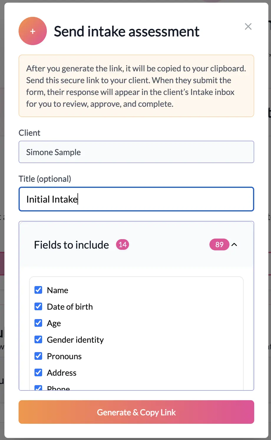 Select intake sections and remember preferences