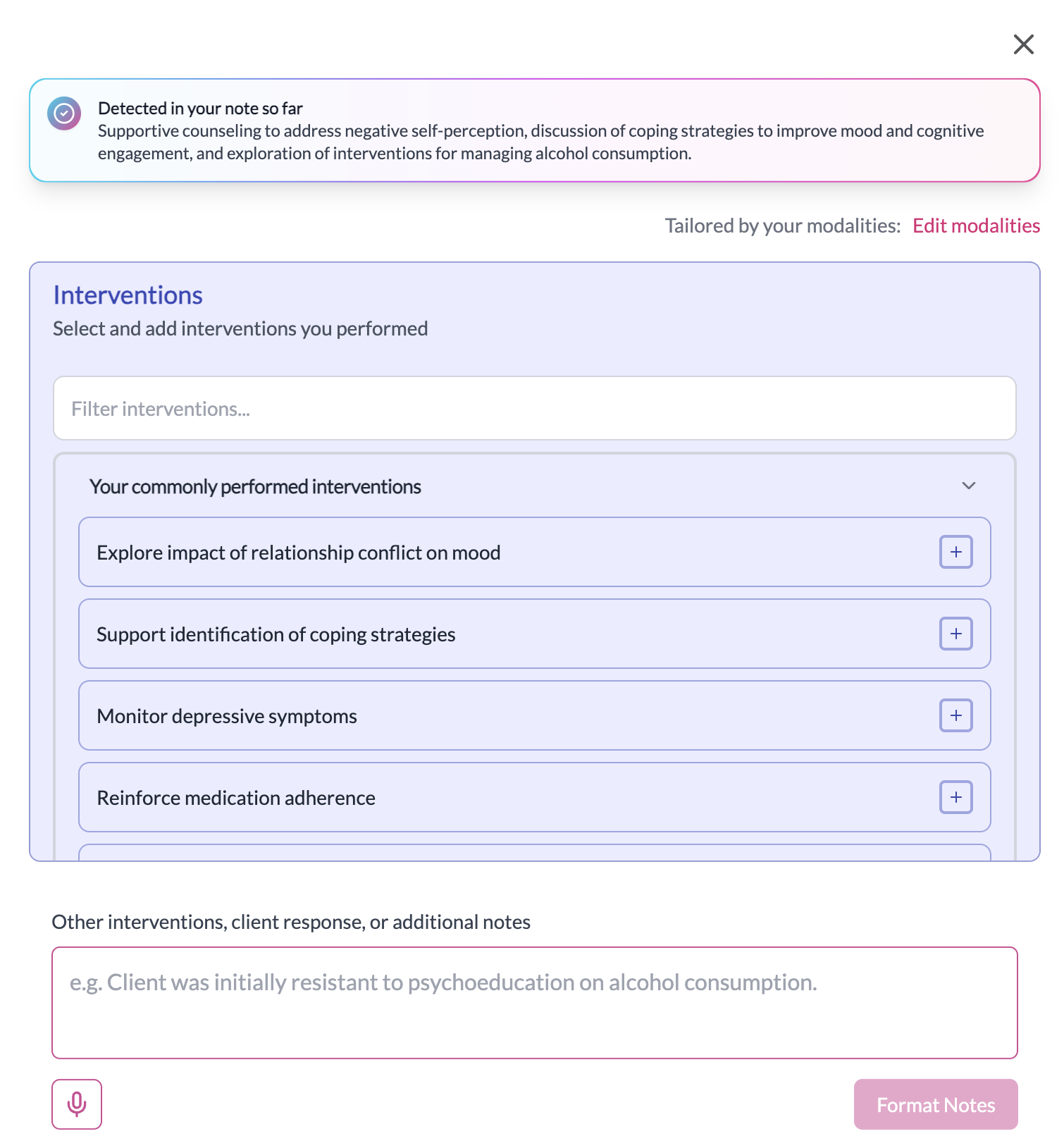 Category‑specific inputs for common therapy note topics